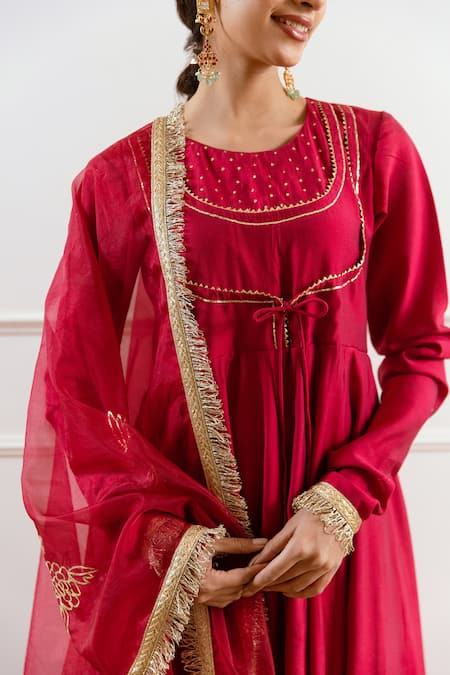 Shop_Rivaaj Clothing_Red Modal, Silk, Chiffon Gota Patti, Zari Round Neck Embroidered Anarkali Set _Online_at_Aza_Fashions