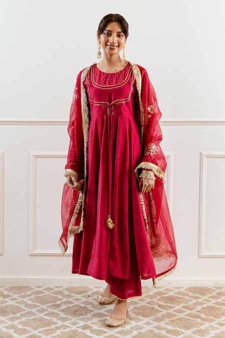 Rivaaj Clothing_Red Modal, Silk, Chiffon Gota Patti, Zari Round Neck Embroidered Anarkali Set _at_Aza_Fashions
