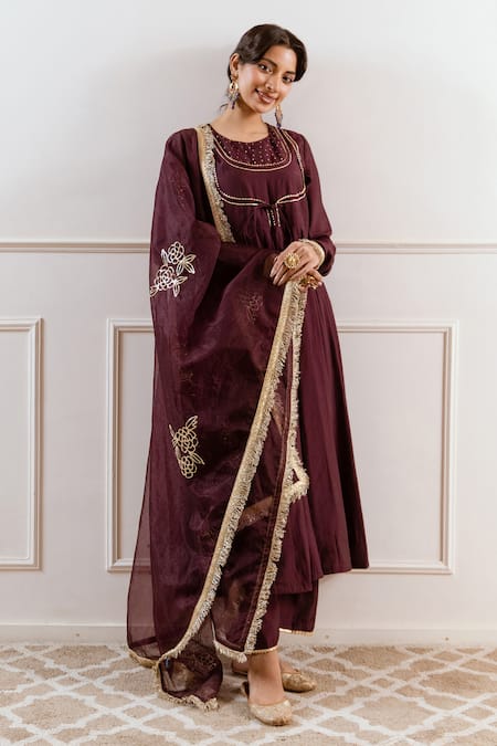 Rivaaj Clothing_Purple Modal, Silk Embroidery, Gota Patti, Zari Round Neck Anarkali Set _Online_at_Aza_Fashions