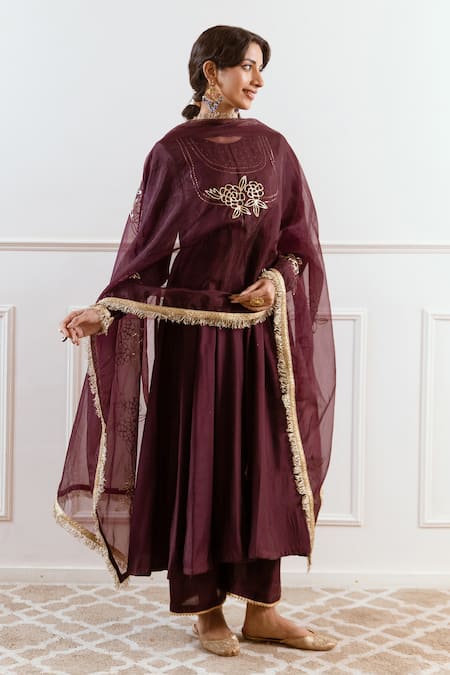 Shop_Rivaaj Clothing_Purple Modal, Silk Embroidery, Gota Patti, Zari Round Neck Anarkali Set _Online_at_Aza_Fashions