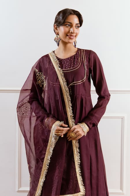 Rivaaj Clothing_Purple Modal, Silk Embroidery, Gota Patti, Zari Round Neck Anarkali Set _at_Aza_Fashions