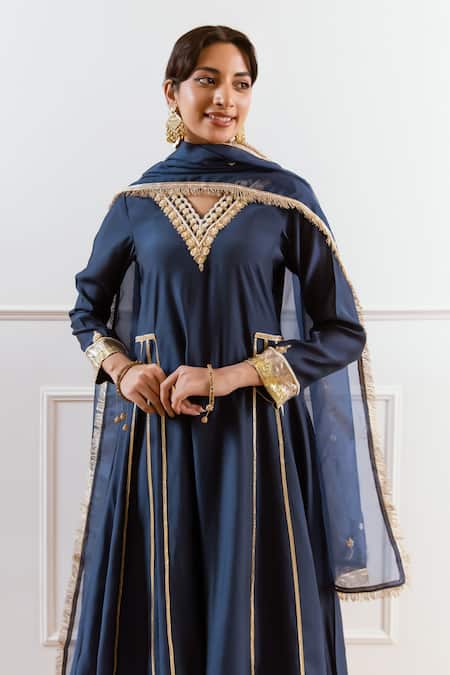 Rivaaj Clothing_Blue Modal, Silk Gota Patti, Zari, Sequins Embroidered Anarkali Palazzo Set _Online_at_Aza_Fashions