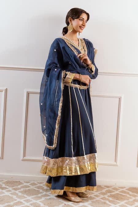 Buy_Rivaaj Clothing_Blue Modal, Silk Gota Patti, Zari, Sequins Embroidered Anarkali Palazzo Set 