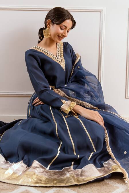 Shop_Rivaaj Clothing_Blue Modal, Silk Gota Patti, Zari, Sequins Embroidered Anarkali Palazzo Set 