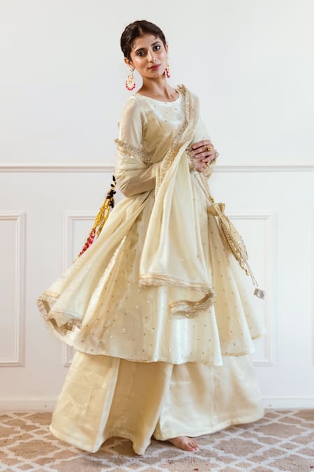 Rivaaj Clothing Ivory Silk, Tissue Sequins, Embroidery Round Neck Stripe Woven Anarkali Set Online at Aza Fashions Rivaaj Clothing_Ivory Silk, Tissue Sequins, Embroidery Round Neck Stripe Woven Anarkali Set_Online_at_Aza_Fashions