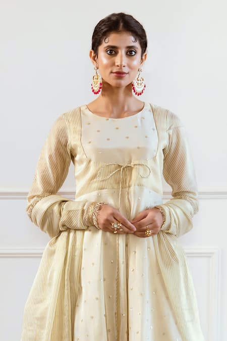 Buy Rivaaj Clothing Ivory Silk, Tissue Sequins, Embroidery Round Neck Stripe Woven Anarkali Set Online at Aza Fashions Buy_Rivaaj Clothing_Ivory Silk, Tissue Sequins, Embroidery Round Neck Stripe Woven Anarkali Set_Online_at_Aza_Fashions
