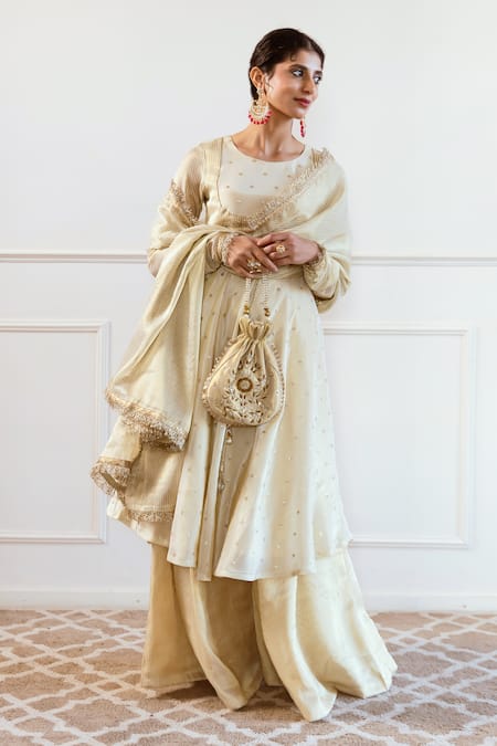Shop Rivaaj Clothing Ivory Silk, Tissue Sequins, Embroidery Round Neck Stripe Woven Anarkali Set Online at Aza Fashions Shop_Rivaaj Clothing_Ivory Silk, Tissue Sequins, Embroidery Round Neck Stripe Woven Anarkali Set_Online_at_Aza_Fashions