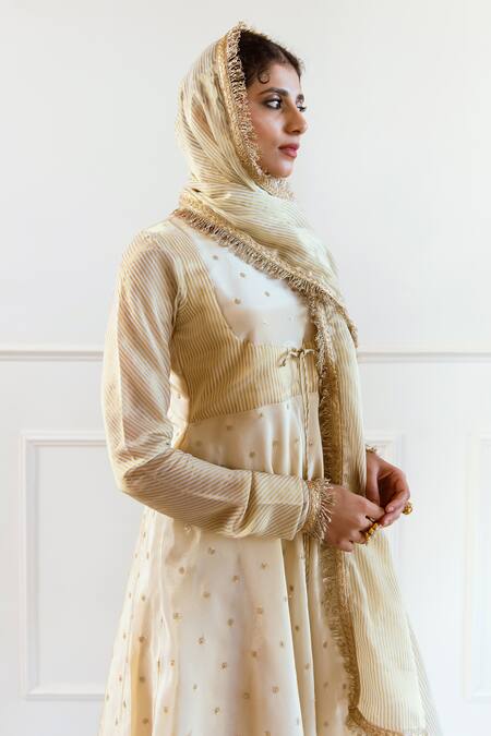 Buy Rivaaj Clothing Ivory Silk, Tissue Sequins, Embroidery Round Neck Stripe Woven Anarkali Set Buy_Rivaaj Clothing_Ivory Silk, Tissue Sequins, Embroidery Round Neck Stripe Woven Anarkali Set
