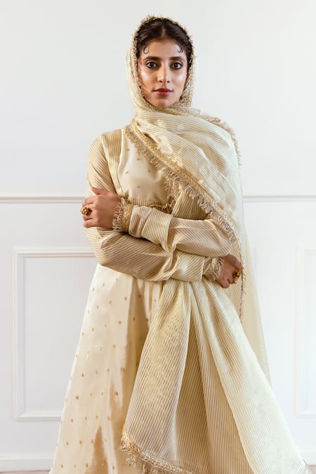 Shop Rivaaj Clothing Ivory Silk, Tissue Sequins, Embroidery Round Neck Stripe Woven Anarkali Set Shop_Rivaaj Clothing_Ivory Silk, Tissue Sequins, Embroidery Round Neck Stripe Woven Anarkali Set