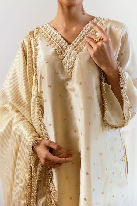 Buy_Rivaaj Clothing_Ivory Silk, Tissue Sequins, Beads, Cut Work V-neck Embroidered Kurta Set_Online_at_Aza_Fashions