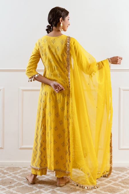 Shop_Rivaaj Clothing_Yellow Modal Gota Patti, Zari Round Neck Chevron Print Kurta Set _at_Aza_Fashions