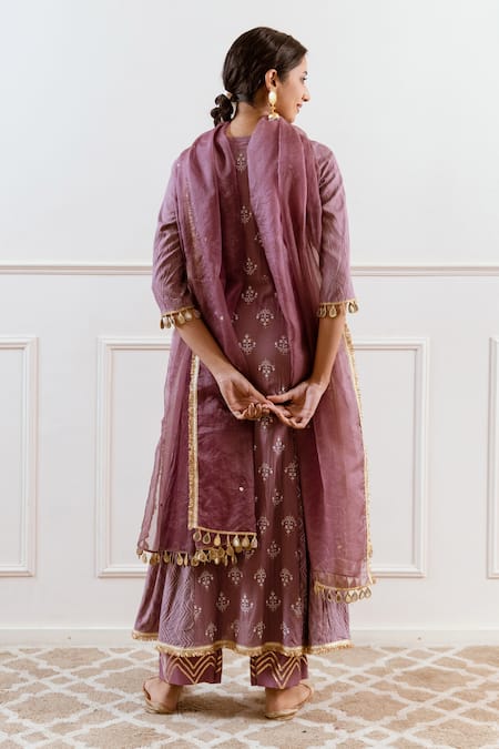 Shop_Rivaaj Clothing_Purple Modal Embroidery, Gota Patti Round Neck Chevron Floral Kurta Set _at_Aza_Fashions