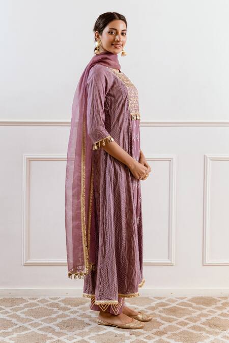 Rivaaj Clothing_Purple Modal Embroidery, Gota Patti Round Neck Chevron Floral Kurta Set _Online_at_Aza_Fashions