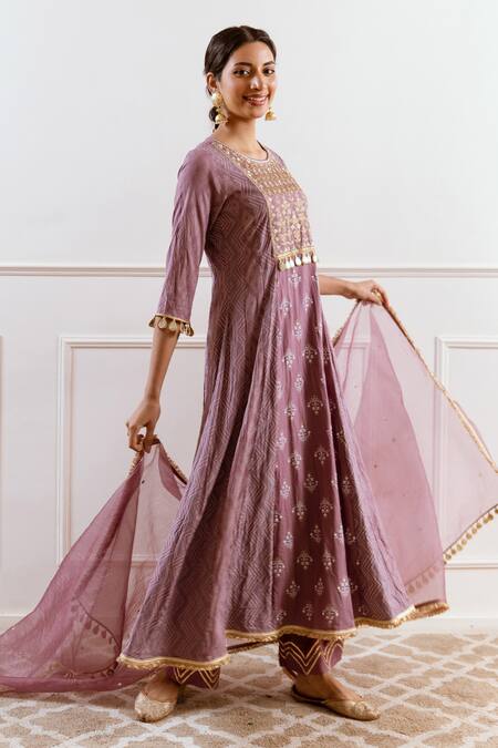 Shop_Rivaaj Clothing_Purple Modal Embroidery, Gota Patti Round Neck Chevron Floral Kurta Set _Online_at_Aza_Fashions