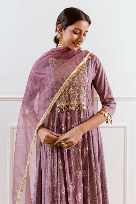 Rivaaj Clothing_Purple Modal Embroidery, Gota Patti Round Neck Chevron Floral Kurta Set _at_Aza_Fashions