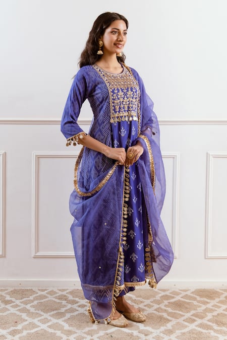 Buy_Rivaaj Clothing_Blue Modal Gota Patti Round Neck Chevron Embroidered Kurta Pant Set _Online_at_Aza_Fashions