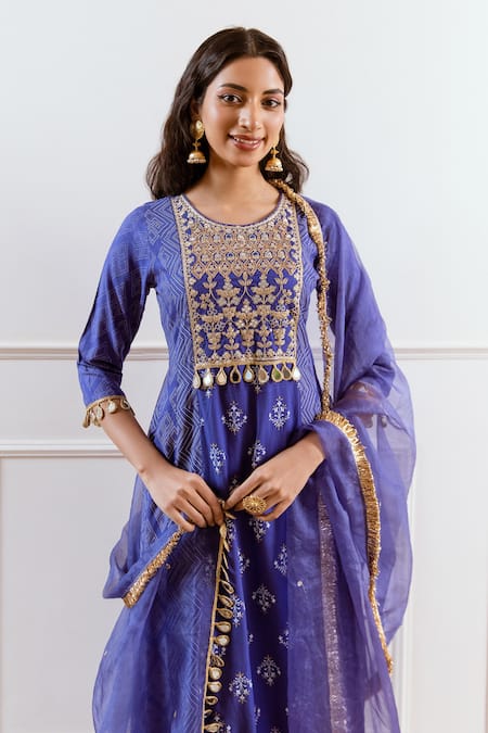 Shop_Rivaaj Clothing_Blue Modal Gota Patti Round Neck Chevron Embroidered Kurta Pant Set _Online_at_Aza_Fashions