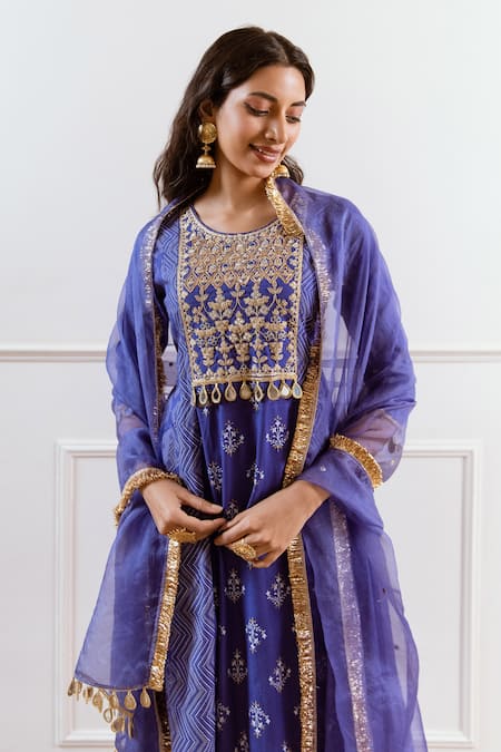 Rivaaj Clothing_Blue Modal Gota Patti Round Neck Chevron Embroidered Kurta Pant Set _at_Aza_Fashions