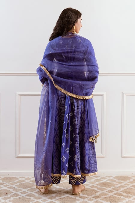 Shop_Rivaaj Clothing_Blue Modal Gota Patti Round Neck Chevron Embroidered Kurta Pant Set _at_Aza_Fashions