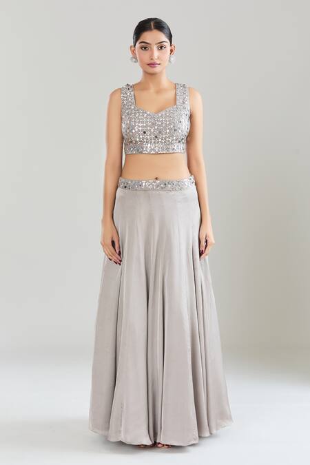 Silky Bindra_Gray Satin, Georgette, Organza Sequins, Embroidery Floral Lehenga Set _Online_at_Aza_Fashions