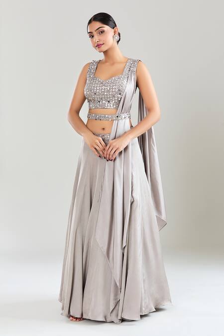 Silky Bindra_Gray Satin, Georgette, Organza Sequins, Embroidery Floral Lehenga Set _at_Aza_Fashions