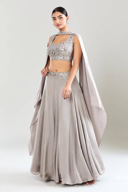 Buy_Silky Bindra_Gray Satin, Georgette, Organza Sequins, Embroidery Floral Lehenga Set 