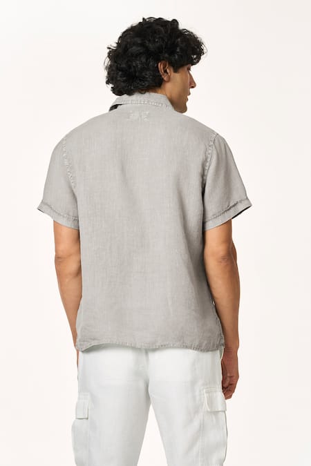 Shop_Terra Luna_Gray Linen Grey Collared Shirt _at_Aza_Fashions