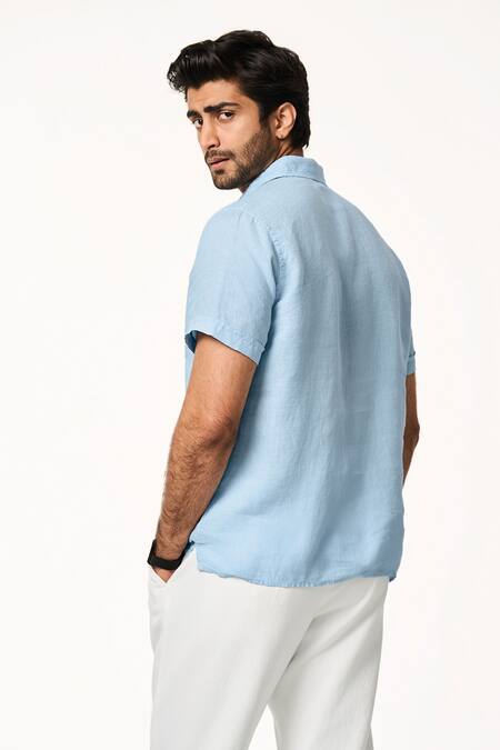 Terra Luna_Blue Linen Ice Solid Shirt _Online_at_Aza_Fashions