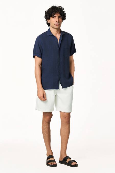 Terra Luna_Blue Linen Navy Plain Shirt _Online_at_Aza_Fashions