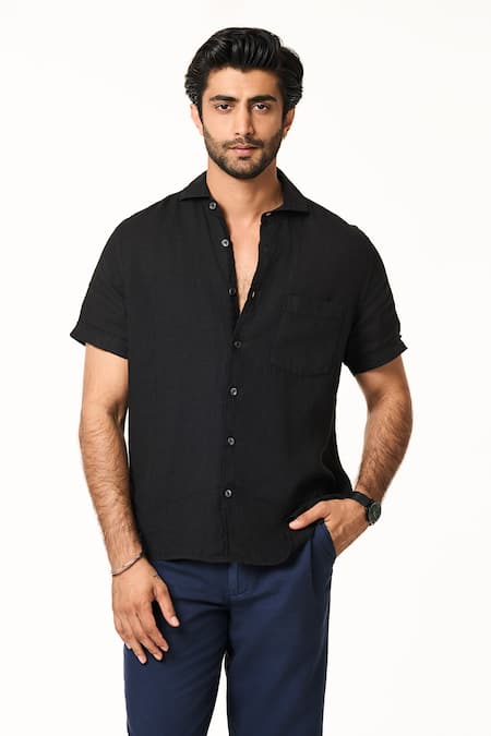 Terra Luna Black Linen Half Sleeve Shirt 