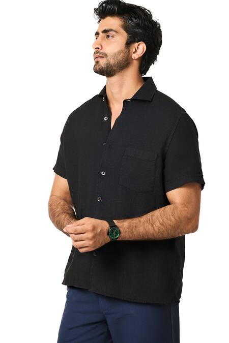 Terra Luna_Black Linen Half Sleeve Shirt _Online_at_Aza_Fashions