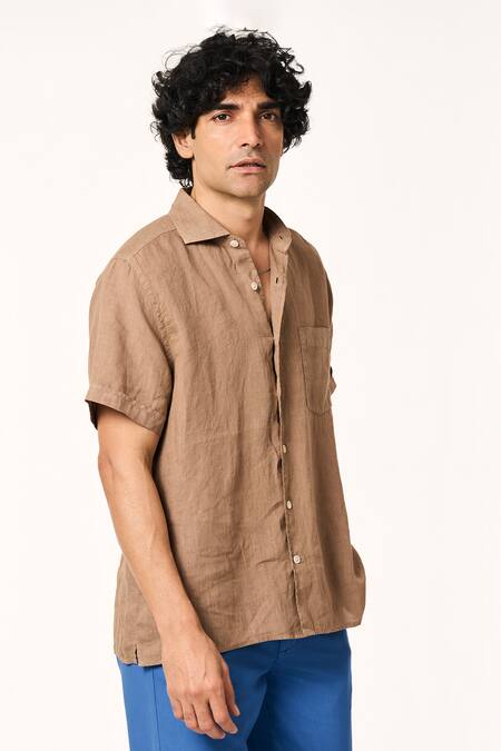 Terra Luna_Brown Linen Collared Half Sleeve Shirt _Online_at_Aza_Fashions