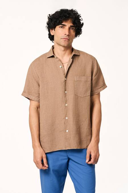 Buy_Terra Luna_Brown Linen Collared Half Sleeve Shirt _Online_at_Aza_Fashions