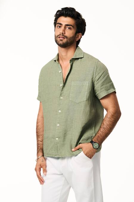 Terra Luna_Green Linen Matcha Half Sleeve Shirt _Online_at_Aza_Fashions