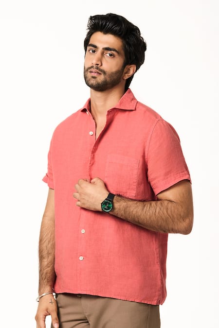 Terra Luna_Pink Linen Solid Half Sleeve Shirt _Online_at_Aza_Fashions