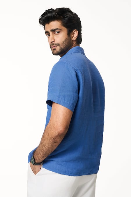 Terra Luna_Blue Linen Ocean Half Sleeve Shirt _Online_at_Aza_Fashions