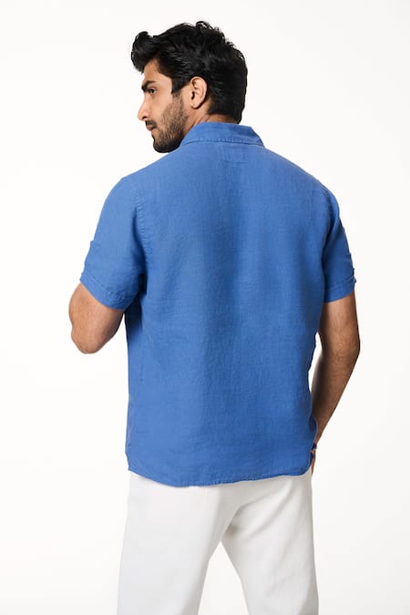Shop_Terra Luna_Blue Linen Ocean Half Sleeve Shirt _at_Aza_Fashions