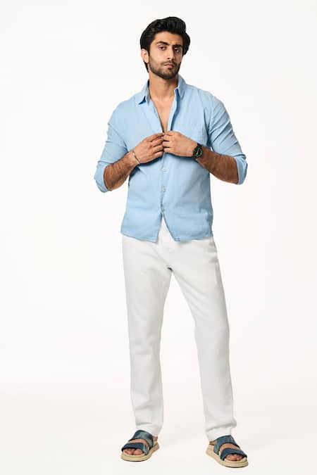 Terra Luna Blue Cotton Ice Solid Shirt Online at Aza Fashions Terra Luna_Blue Cotton Ice Solid Shirt _Online_at_Aza_Fashions