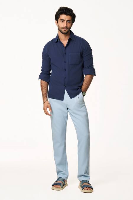 Terra Luna Blue Cotton Solid Collared Shirt Online at Aza Fashions Terra Luna_Blue Cotton Solid Collared Shirt _Online_at_Aza_Fashions