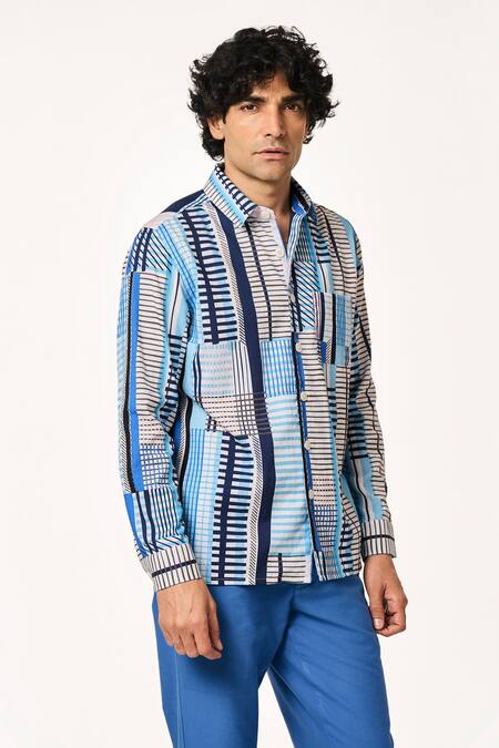 Terra Luna Blue Cotton Plaid Pattern Shirt Online at Aza Fashions Terra Luna_Blue Cotton Plaid Pattern Shirt _Online_at_Aza_Fashions