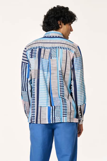 Shop Terra Luna Blue Cotton Plaid Pattern Shirt at Aza Fashions Shop_Terra Luna_Blue Cotton Plaid Pattern Shirt _at_Aza_Fashions