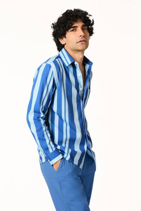 Terra Luna_Blue Cotton Tonal Stripe Shirt _Online_at_Aza_Fashions