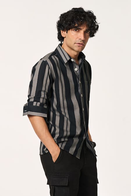 Shop Terra Luna Gray Cotton Grey Stripe Pattern Shirt Online at Aza Fashions Shop_Terra Luna_Gray Cotton Grey Stripe Pattern Shirt _Online_at_Aza_Fashions