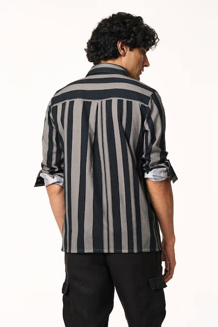 Shop Terra Luna Gray Cotton Grey Stripe Pattern Shirt at Aza Fashions Shop_Terra Luna_Gray Cotton Grey Stripe Pattern Shirt _at_Aza_Fashions