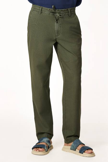 Terra Luna Green Cotton Moss Solid Dori Waist Trouser Online at Aza Fashions Terra Luna_Green Cotton Moss Solid Dori Waist Trouser _Online_at_Aza_Fashions