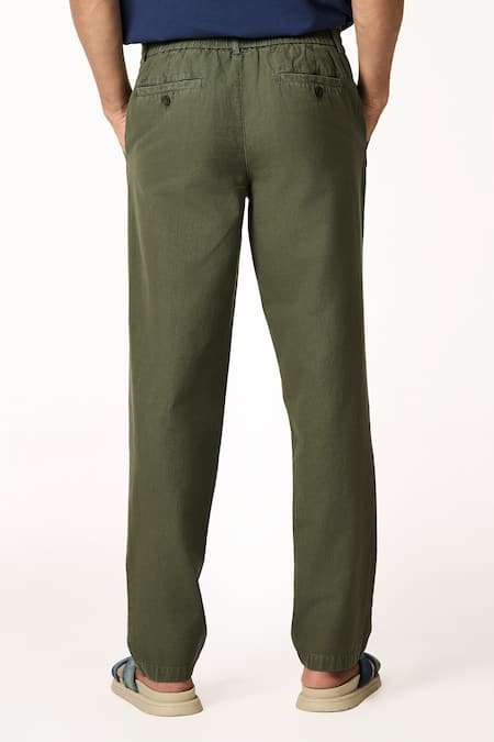 Shop Terra Luna Green Cotton Moss Solid Dori Waist Trouser at Aza Fashions Shop_Terra Luna_Green Cotton Moss Solid Dori Waist Trouser _at_Aza_Fashions