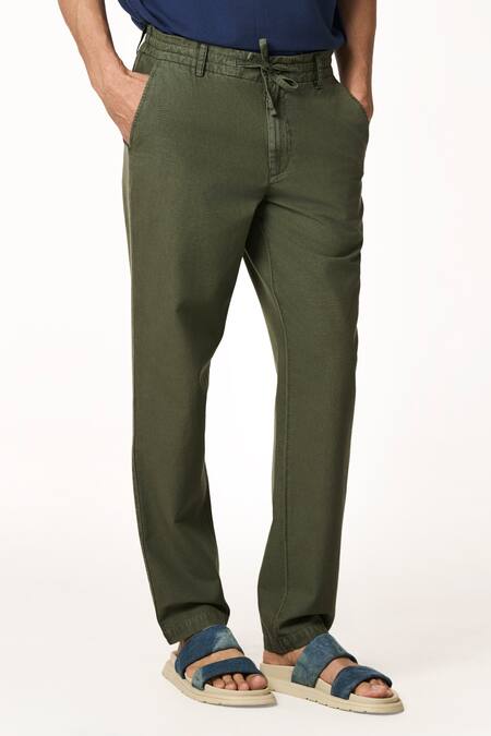 Buy Terra Luna Green Cotton Moss Solid Dori Waist Trouser Online at Aza Fashions Buy_Terra Luna_Green Cotton Moss Solid Dori Waist Trouser _Online_at_Aza_Fashions