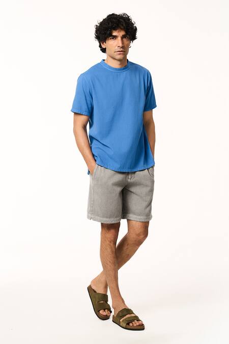 Terra Luna_Blue Cotton Ocean Asymmetric Hem T-shirt _Online_at_Aza_Fashions