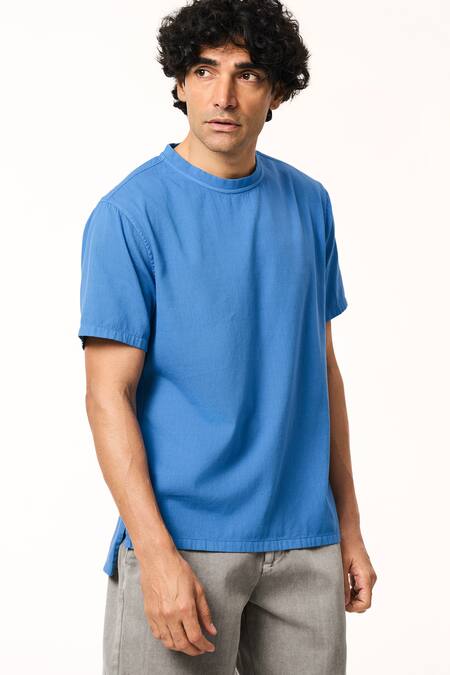 Buy_Terra Luna_Blue Cotton Ocean Asymmetric Hem T-shirt _Online_at_Aza_Fashions