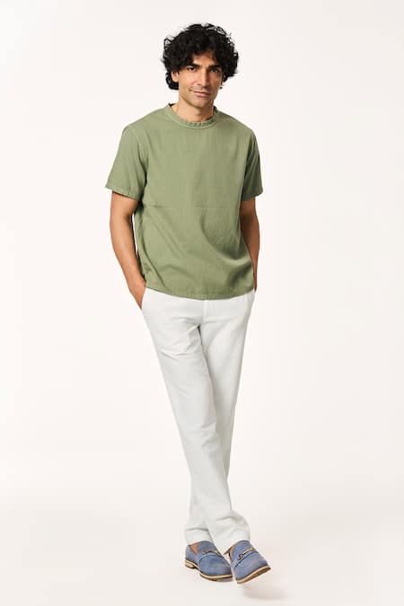 Terra Luna_Green Cotton Matcha Solid T-shirt _Online_at_Aza_Fashions